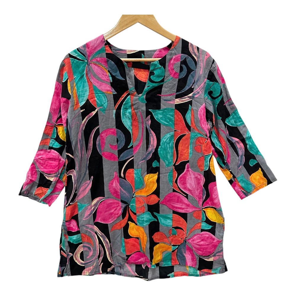 KikiSol Abstract Floral Tunic Top Women's Large 100% Cotton Colorful Artsy